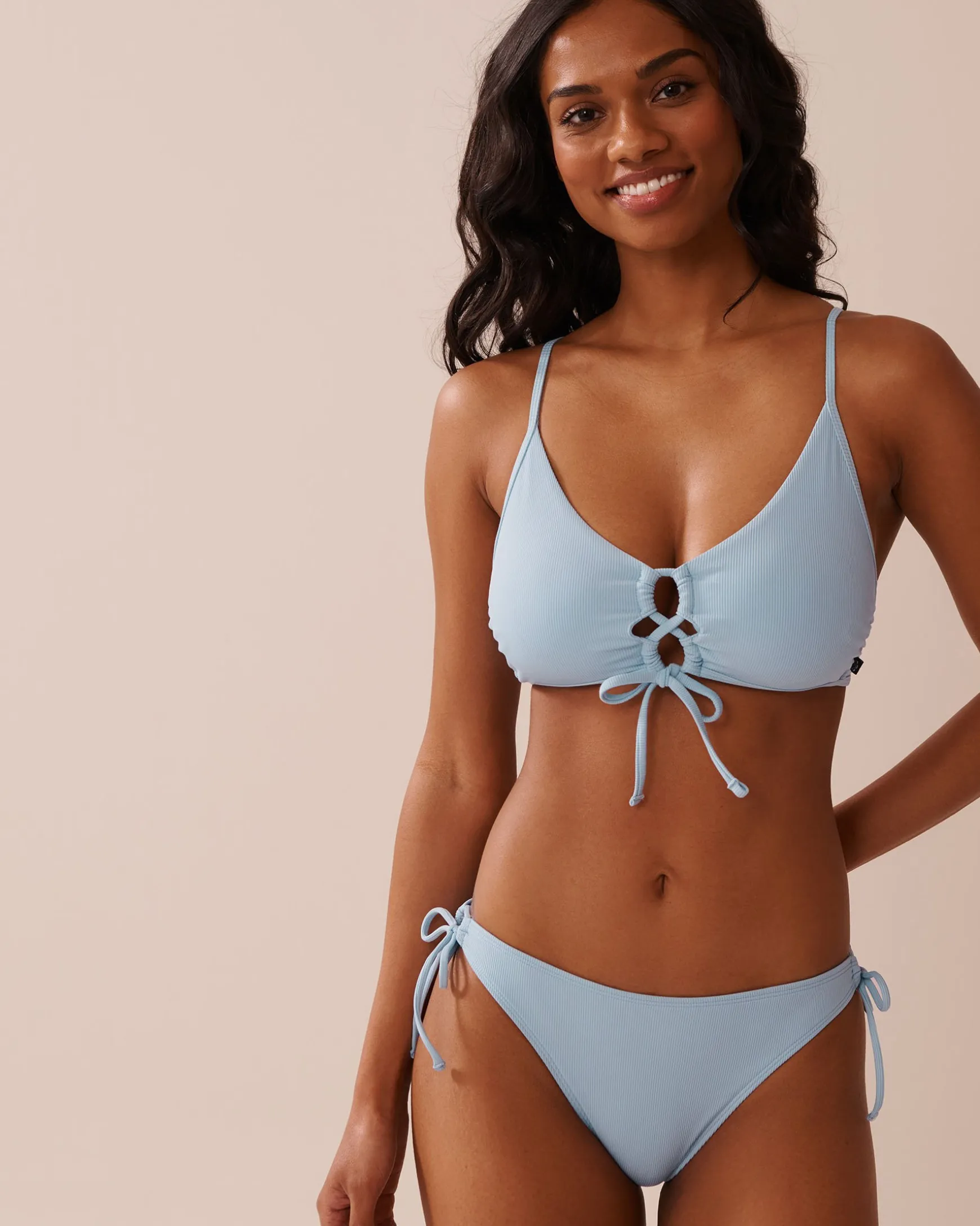 BABY BLUE Crisscross Detail Ribbed Bralette Bikini Top