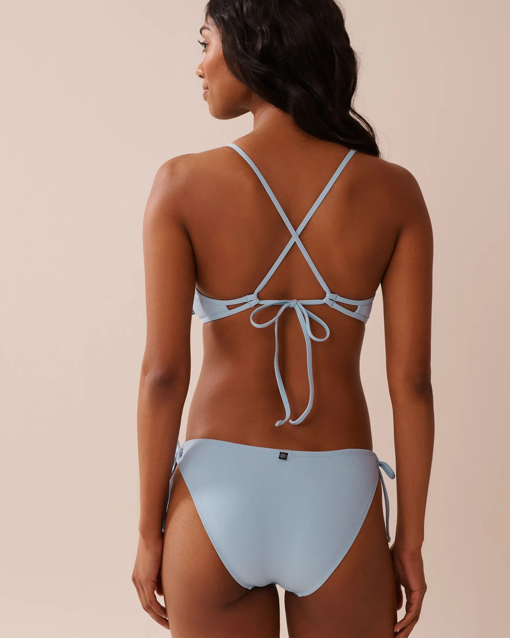 BABY BLUE Crisscross Detail Ribbed Bralette Bikini Top