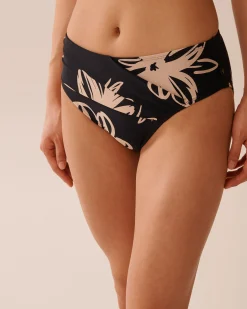 BLACK HIBISCUS Mid Waist Bikini Bottom