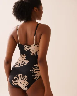 BLACK HIBISCUS Square Neck One-piece Swimsuit