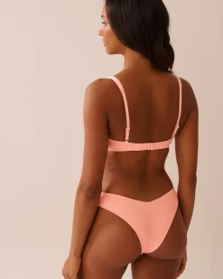 CORAL PINK Ribbed Plunge Bikini Top