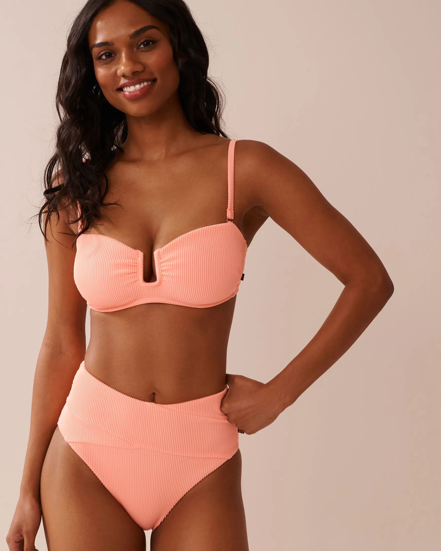 CORAL PINK Ribbed U-Wire Bandeau Bikini Top