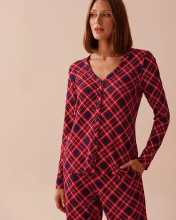 Diagonal Plaid Super Soft V-neck Button-front Top