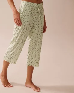 Ditsy Floral Print Lettuce Edge Pointelle Pajama Capris