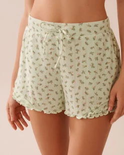 Ditsy Floral Print Lettuce Edge Pointelle Pajama Shorts