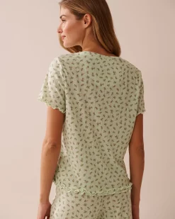 Ditsy Floral Print Lettuce Edge Pointelle T-shirt