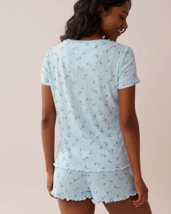Floral Print Lettuce Edge Pointelle T-shirt