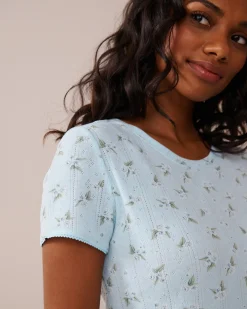 Floral Print Lettuce Edge Pointelle T-shirt