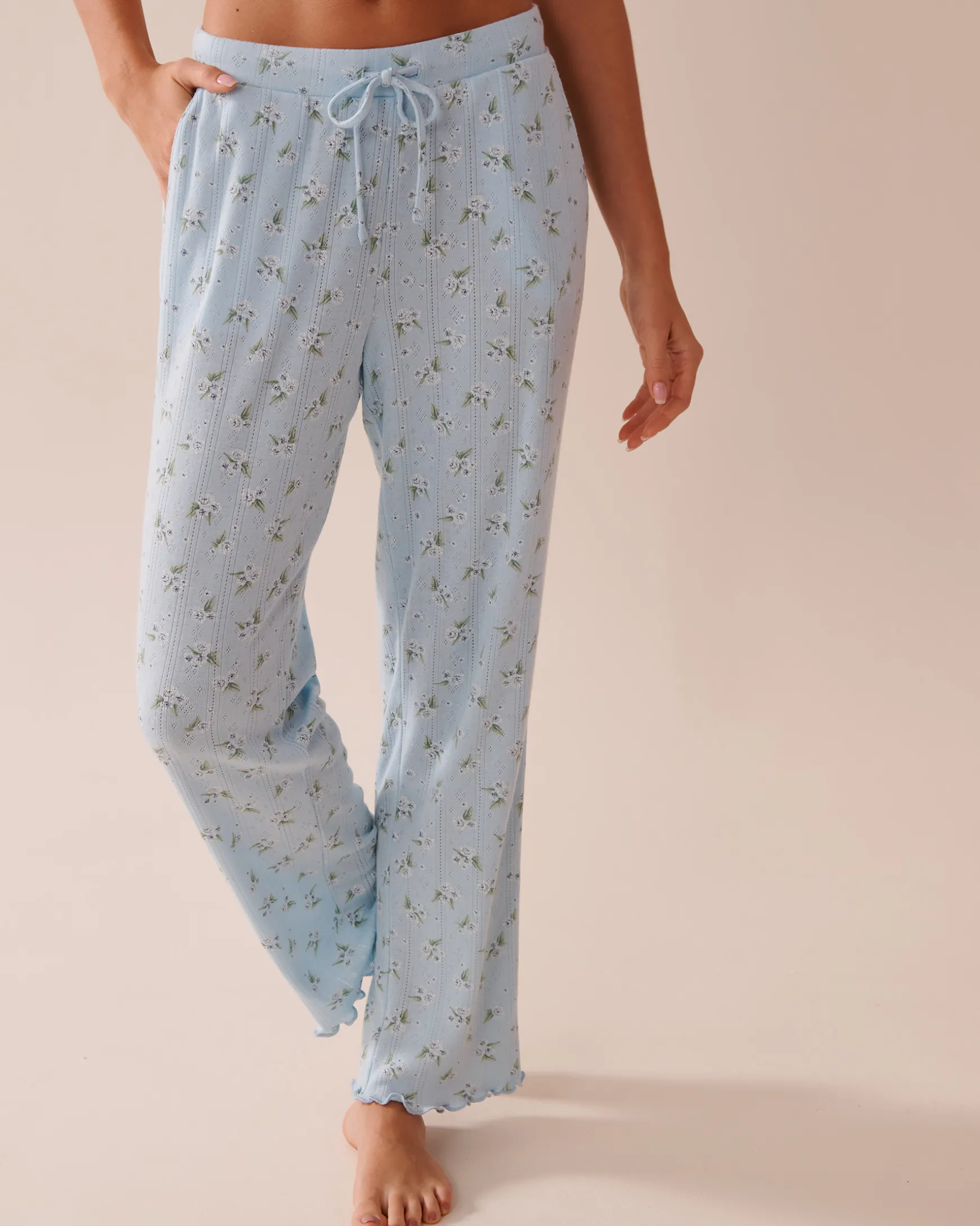 Floral Print Lettuce Edge Pointelle Pajama Pants