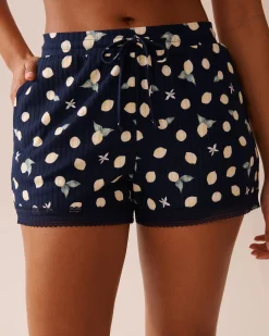 Lemon Print Lace Trim Ribbed Jersey Pajama Shorts