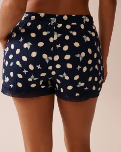 Lemon Print Lace Trim Ribbed Jersey Pajama Shorts