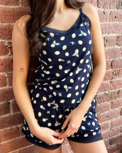 Lemon Print Lace Trim Ribbed Jersey Pajama Shorts