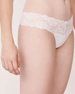 Microfiber and Wide Lace Band Thong Panty