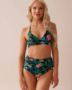 MIDNIGHT TROPICS Draped High Waist Bikini Bottom