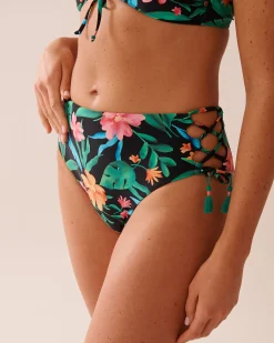 MIDNIGHT TROPICS Lace Up High Waist Cheeky Bikini Bottom