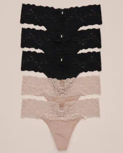 5-Pack Microfiber and Wide Lace Band Thong Panty