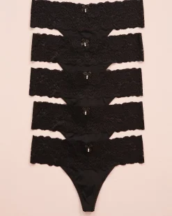 5-Pack Microfiber and Wide Lace Band Thong Panty
